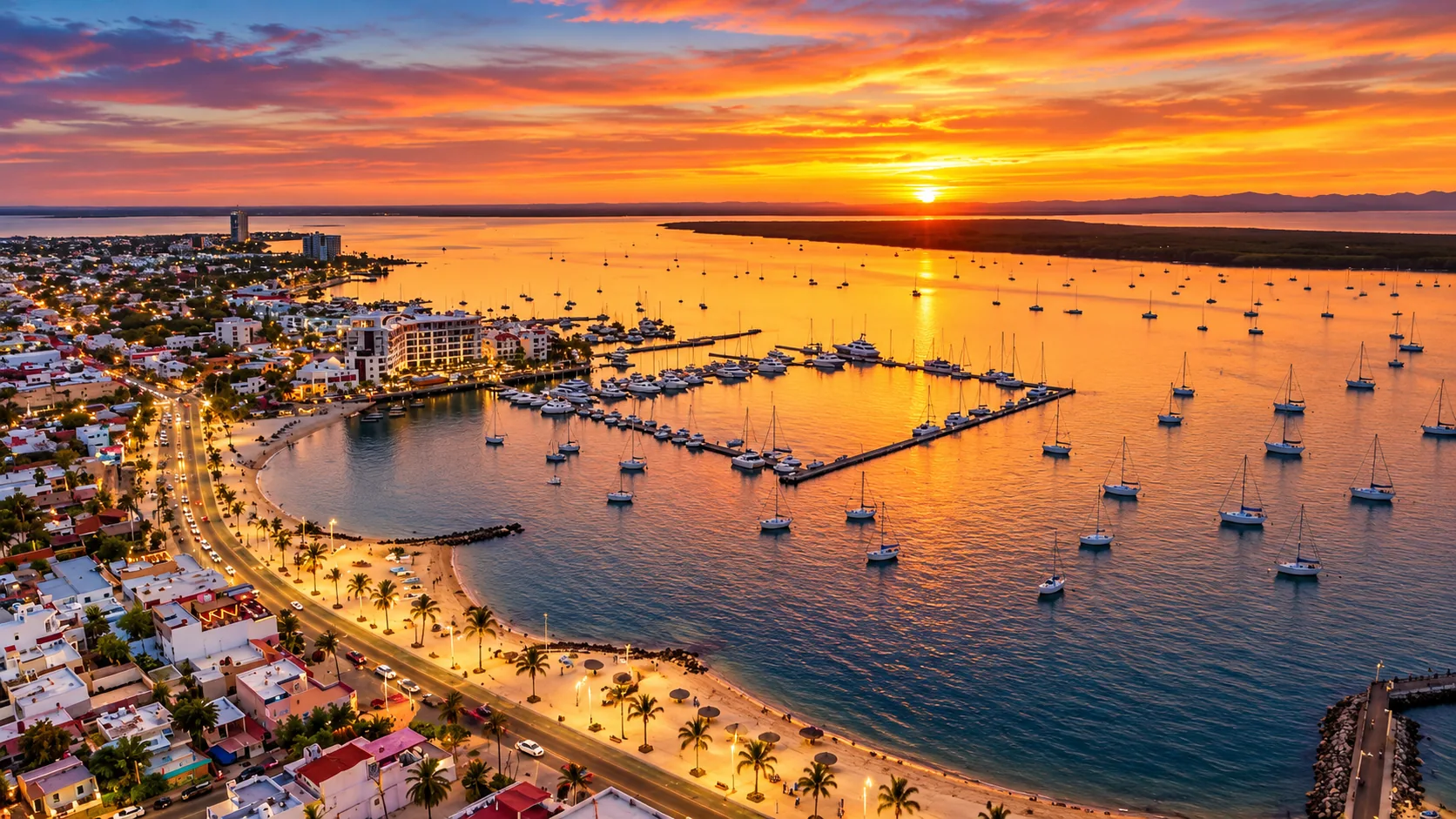 Atardecer panorámico en el malecón y la bahía de La Paz